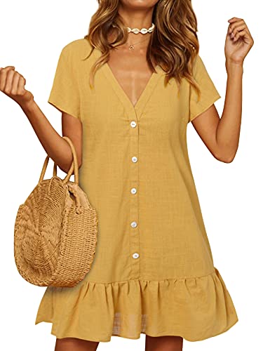 YOINS Vestido de Verano para Mujer Mini Vestido de Manga Corta Color sólido Cuello en V con Botones Camisa de Vestido Cover