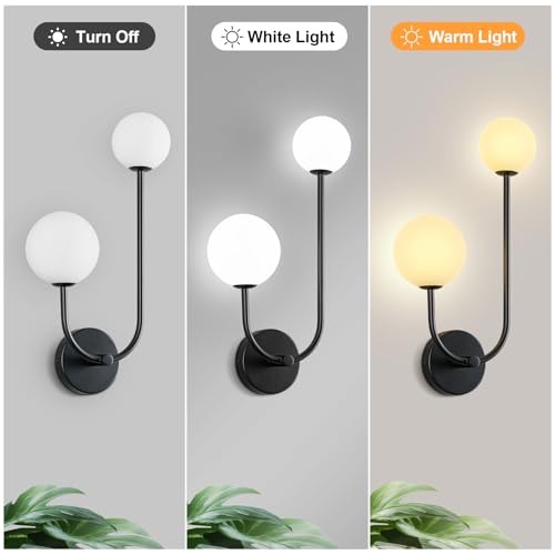 Image of Milk Glass Wall Sconce Black Wall Sconces Mid Century Modern Sconces Wall Lighting 2 Light Globe Sconce for Bedroom Living Room Hallway Wall Light Fixtures