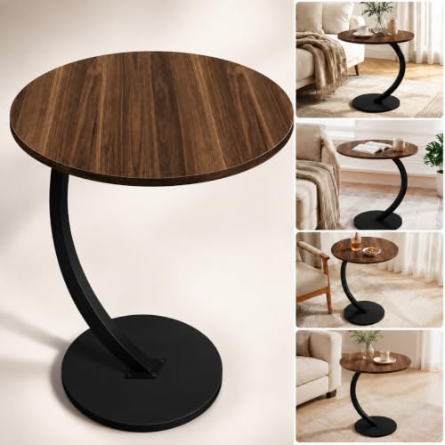 Image of KRISHYAM Modern C-Shaped Side Table with Wooden Round Top & Metal Base | Sofa End Table for Living Room, Bedroom & Office | Walnut Finish Top with Black Metal Stand