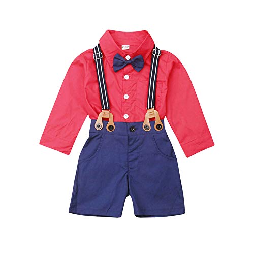 Newborn Baby Boy Gentleman Outfits 2PCS Bow Ties Shirts + Suspenders Pants Formal Outfits Clothes Set (Red, 4-5 T)
