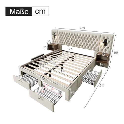ZIDEY Bett mit Nachttischen, Schlafzimmer Komplett Set 180x200 Polsterbett mit LED&USB&4 Schubladen, Doppelbett Stauraumbett Bettgestell mit Lattenrost, Samt, Ohne Matratze,Beige