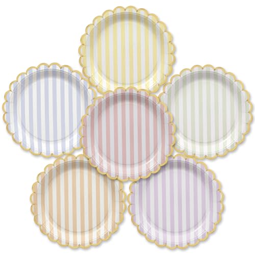 Image of Party Paper Plates, 50-Pack 9-Inch Bulk Disposable Decorative Paper Plates with Gold Scalloped Trim, 6 Colors for Tea Party, Easter, Garden Party, and Bridal Showers, Gilded Pastel Stripeworks