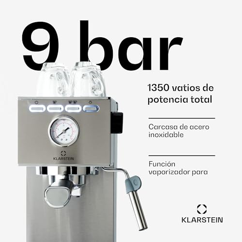 KLARSTEIN Pausa cafetera espresso, 1350 W, máquina de café, 20 bares de presión, depósito de agua: 1,4 litros, acero inoxidable, plateado - imagen 2