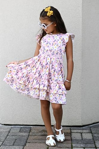 Image of Arshiner Girls Dresses Flutter Sleeve A-Line Sundress Casual Summer Tiered Swing Midi Pocket Dress