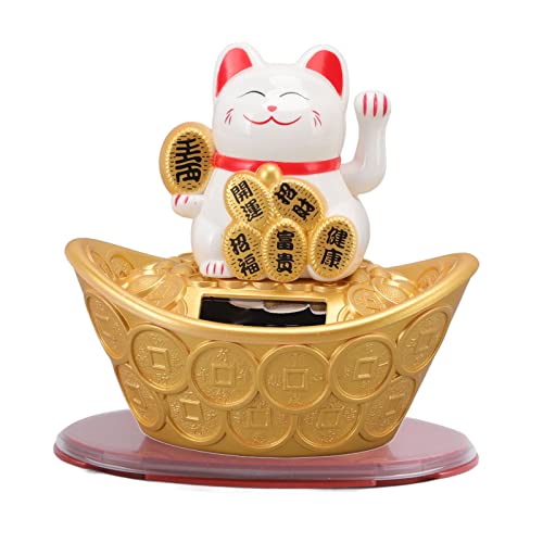 Maneki Neko chat de bienvenue solaire doré avec bras agitant pour décoration feng shui