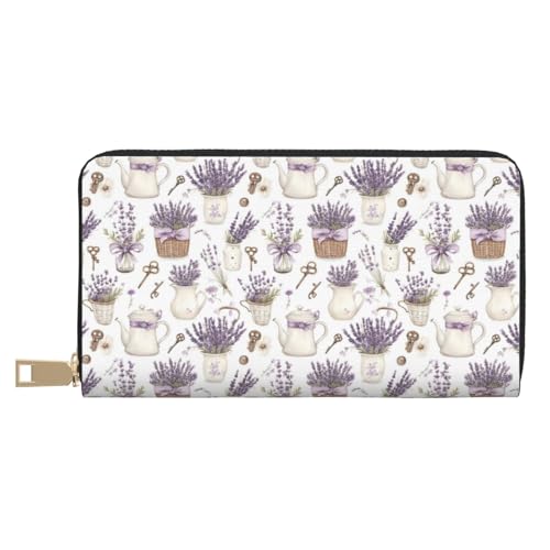 Leather Thin Slim Wallets for Women & Men - Elegant Lavender Print Card Wallet Holder with Zipper