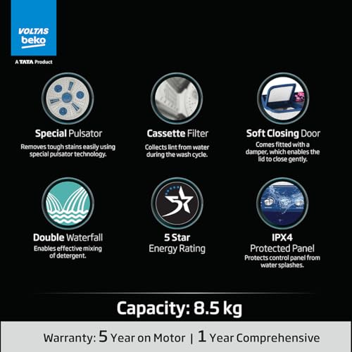 Image of Voltas beko, A Tata Product 8.5 kg 5 Star Semi-Automatic Top Load Washing Machine With Double Water Fall technology (WTT85DBLG /FLRB5, Blue, Special Pulsator & 5 Knob Control Method)