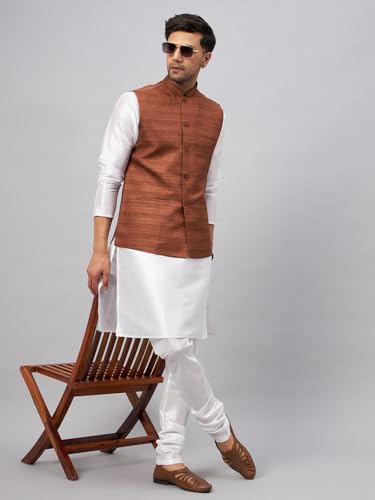 Image of VASTRAMAY Men's Matka Silk Nehru Jacket Kurta Pyjama Set - Textured Silk Blend Ethnic Wear for Eid, Weddings & Festive Occasions