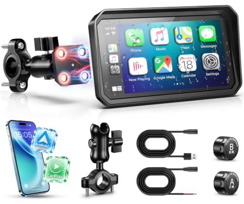 Image of YZW 6 Inch Motorcycle Carplay, GPS Navigation with Android Auto, Siri & Google Assistant /USB Cable /Bluetooth 5.2 /TMPS /Anti-Glare /Voice Control /IP69K Waterproof Touchscreen /Light Sensor /Magnetic Mount