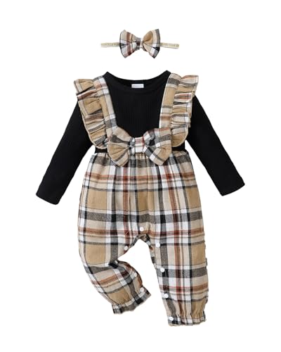 Image of Newborn Infant Baby Girl Clothes Fall Winter Plaid Long Sleeve Jumpsuit One Piece Romper Bodysuit Baby Overalls Outfits