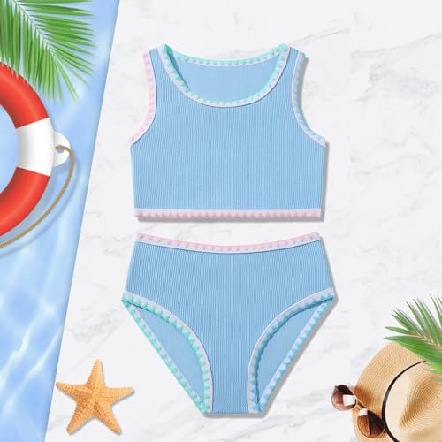 Image of Girls Bathing Suit Toddler Swimsuits 2 Piece Bikini Sets Round Neck Colorful Lace Teen Girls Swimwear 3-14T