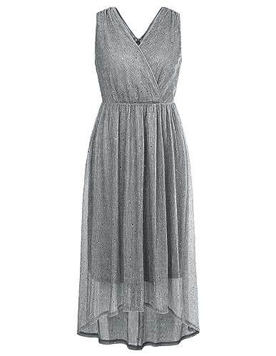 Hanna Nikole Vokuhila - Vestido de cóctel para mujer, tallas grandes, elegante, vestido de noche, largo, brillante, cuello en V, sin mangas, vestido de dama de honor, para bodas, fiestas, bailes, gris