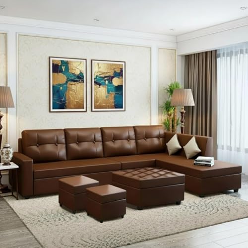 Image of FURNY Nathan 8 Seater Leatherette RHS L Shape Sofa Set with 1 Centre Table & 2 Puffy (Brown) Premium Finish | Durable Comfort | Ideal for Living Room