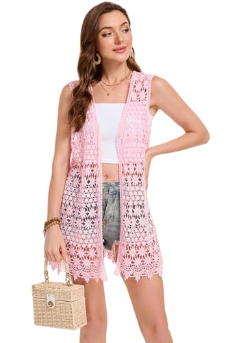 Image of GLEAMISS Women's Crochet Floral Vest Lace Trim Boho Sleeveless Cardigan