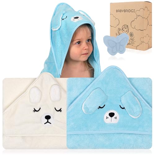 2 Unidades Toalla bebe recien nacido + 1 Esponja bebe recien nacido - Toallas bebe con capucha de animales 0-3 años - Toalla baño bebe - Esponja natural bebe - Accesorios bebes (Blanco / Azul)