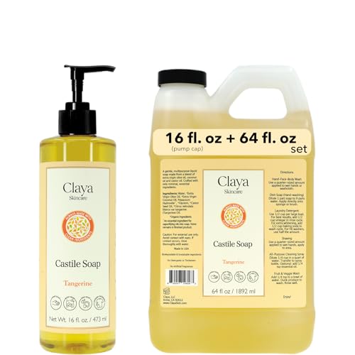 Image of Claya Tangerine Liquid Castile Soap - Organic Ingredients, Biodegradable, Zesty Citrus Scent, Gentle for Skin and Multi-Purpose (16 fl oz (Pump Cap) and 64 fl oz)