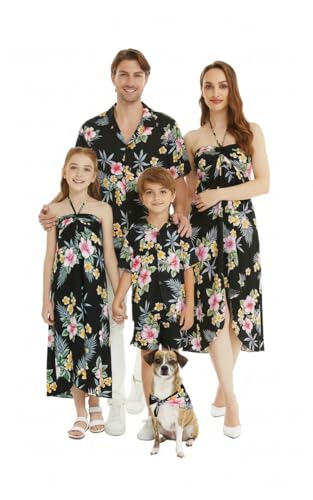 Image of Family Matching Hawaiian Clothes, Hibiscus Black | Black Hibiscus Print • Soft Rayon Fabric • Family Matching Outfits • Vacation Ready • Luau Party Wear