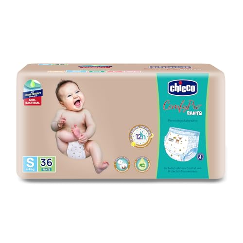 Image of Chicco Comfy-Pro Pant Style Baby Diapers | Anti-bacterial benefits | Ultra Soft & 12hrs protection | Wetness indicator & Disposing Tapes - Small, 36 Count, 4-8 Kg