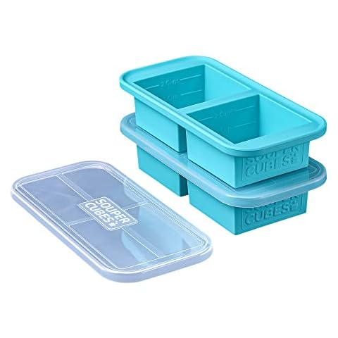 Souper Cubes 2-Cup Extra-Large Silicone Freezer Tray with lid- 2 pack - makes 4 perfect 2 cup portions - (2 Cup tray, Aqua color, pack of 2, with lids) Cover