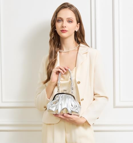 Image of Huralona Dressy Pleated Vegan Leather Clutch Ruched Bag Purse Metallic PU Clutch Cloud Dumpling Bag for Women