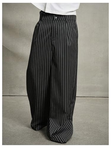 OYOANGLE Men's Striped Wide Leg Pleated Pants Zipper Fly Baggy Dress Trousers Streetwear3