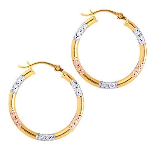 JewelStop10K Yellow White Rose Gold Shiny Diamond Cut Round Hoop Earrings - 2x20mm, (3/32" x 13/16 Inches)