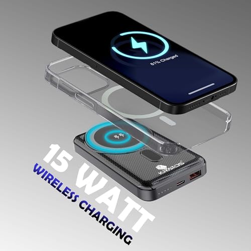 Image of Kratos 22.5w Fast Charging wireless power bank for iPhone,10000mAh,USB Type C Connector,15w Wireless Output,for magsafe powerbank for iphone 12&above,All wireless Enable phone of Samsung,Oneplus,Black