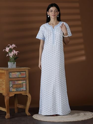 Image of 9shines Label Stylish Chikankari Cotton Nighty Maxi for Women | Full Length Nightgown | Nightdress with Pocket | Embroidery Nighty | Soft Comfortable Cotton Nightwear (1545)