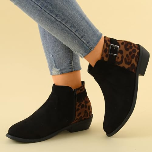 Women's Ankle Boots Low Stacked Chunky Heels Zipper Round Toe Slip on Chelsea Booties Winter Leopard Fashion Boots2