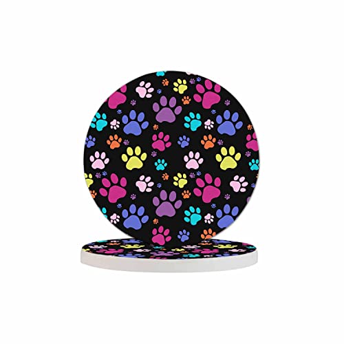 Image of Pznen Colorful Paws Drink Coaster Repeating Cute Animal Puppy Cats Paws Print Beautiful Home Decor Diatomite Heat-Resistant Diatomite 4 Inch for Cold Drinks Wine Mugs Cups