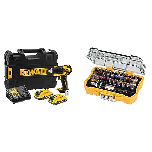 DEWALT - Perceuse Visseuse Compact Brushless XR 18V Li-Ion 2 Ah - DCD708D2T-QW & Coffret de 32 Embouts de Vissage de 25mm Robustes et Précis - Assortiment de 32 Embouts de Vissage avec Porte-Embout