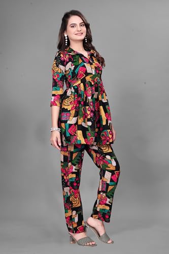Image of Women Crepe 3 /4 Sleeves V Neck Cord Set Featuring Floral Pattern Design 2 Piece Ethnic Wear Set