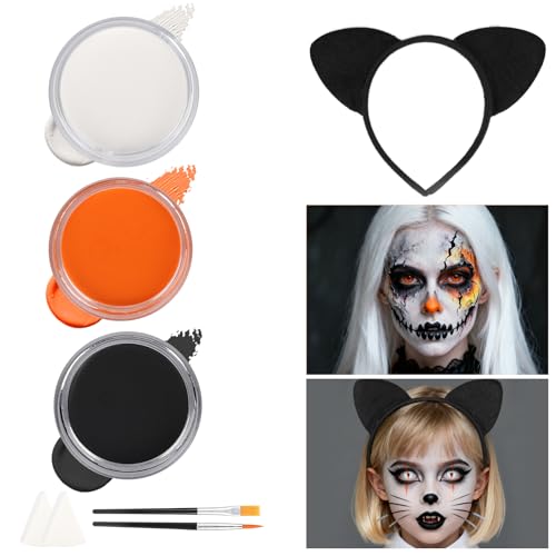 Kit de pintura facial de Halloween para crianças e adultos, maquilhagem 8 em 1, não tóxico, fácil de lavar, com 3 cores, pincéis, esponjas, orelhas de gato, diadema para festa de Halloween, zombie