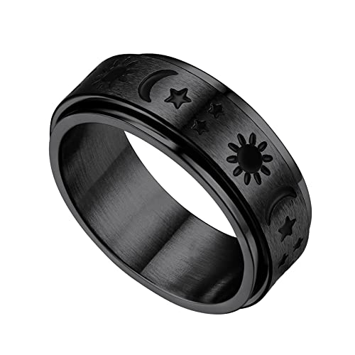 Bestyle Giratorio Anillo Antiestres Estrella Luna Sol Anillo Mujer de Acero Inoxidable 316L Negro Giratorio Mujer Anillos Tamaño 19.75