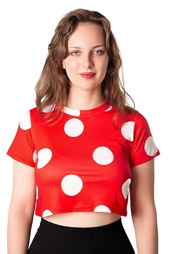 cheetahboo Red White Polka Dot Crop Top Shirt for Womens – Teen Adult Vintage T Shirt Cosplay Halloween Costumes, L