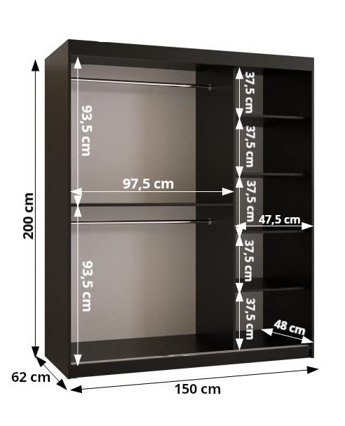 ABIKSMEBLE Armadio Scorrevole 2 Ante Con Specchio | Moderno E Salvaspazio | Dimensioni 150x200x62 Cm | Nero Opaco + Bianco Opaco - 3