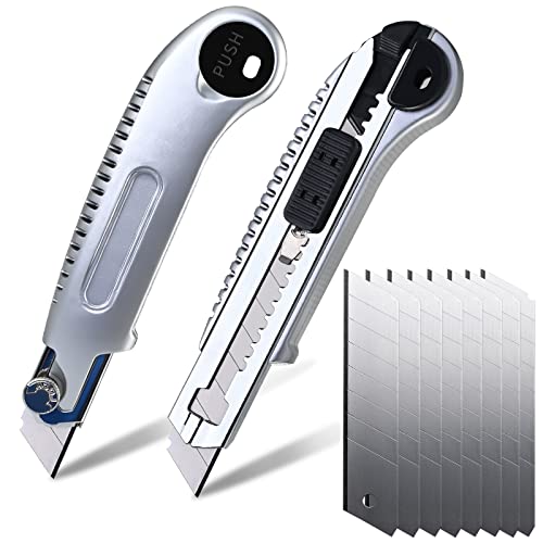 Cieex Cuttermesser,2pcs Professionelles Aluminium Teppichmesser, Mehrzweck Teppichmesser, Pappmesser mit Schloss, Paketmesser mit Metallführung mit extra 10 abbrechbaren Klingen Cover