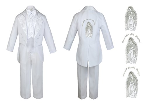 Baby Boy Kid Christening Baptism Church White Tail Suit Mary Maria on Back Sm-7 (Medium (6-12 Months), Silver No Word)