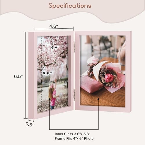 4x6 Double Hinged Frames, 2 Folding Picture Frame, Stand Vertically on Desktop or Tabletop, Pink