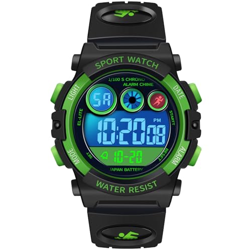 Dayllon Kids Digital Watch,Boys Digital Outdoor Sport Waterproof Watch,with Calendar 12/24H Alarm 7 Colorful Backlight Stopwatch Wristwatch for 3-15 Years Old-Green