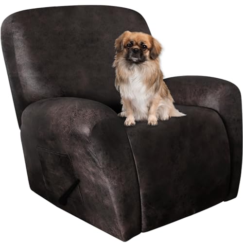 Image of ANARACHON Leather Like Recliner Chair Covers Heavy Duty, 4 Pieces Recliner Cover for Recliner Chair, Leather Cover for Recliner slipcovers Washable for Pets (Black Chocolate)
