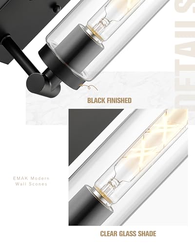 Image of Emak Modern Black Wall Sconces Set of Two, Farmhouse Bathroom Sconce with Clear Glass Shade, 2 Light Bathroom Vanity Light for Living Room, Bedroom, Gallery, WS086-BK-CG-2PK