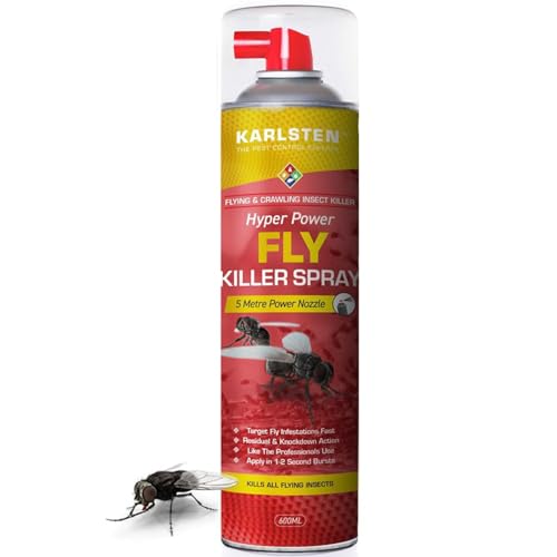 Karlsten Fly Killer Spray 600ml 5 Metre Hyper Power Nozzle Ultra-Strong Fly Spray for Home & Outdoor Use Fast-Acting Aerosol Formula Instantly Kills Flies