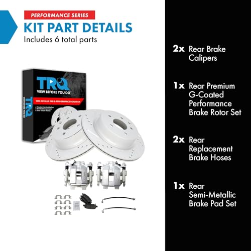 Image of TRQ Performance Rear Brake Pad and Rotor Set Semi Metallic Slotted Drilled Coated Rotors Calipers Compatible with 2011-2012 Infiniti G25 2011-2012 G37 2015 Q40