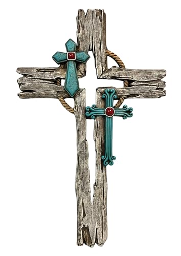 De Leon Collections 14231 Layered Cross Cutout Distressed Wood Look Turquoise and Brown 15 Inch Polyresin Southwestern Rustic Decorative Home Décor Hanging Sculpture Wall Cross