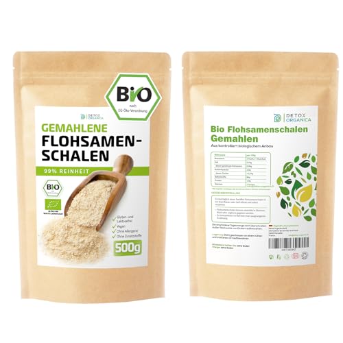 D&O Nature Products Flohsamenschalen Gemahlen Bio 500g, 99% Reinheit in Deutschland kontrolliert und abgefüllt, Vegan Glutenfrei Ballaststoffreich Low Carb, Flohsamen Pulver