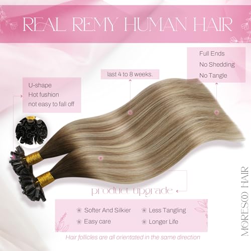 Image of Moresoo U Tip Hair Extensions, Ash Brown Dirty Blonde Ombre, 18 Inch | 50g 50 strands, keratin bonded tips for stylist application, buildable length and volume for parties and events