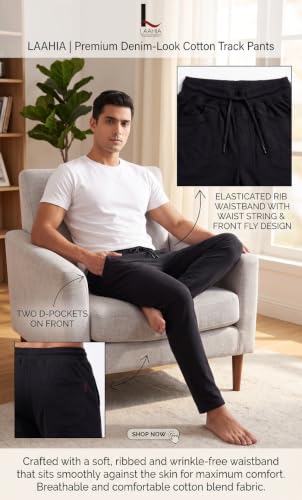 Image of Men's Regular Fit PC Denim-Look Track Pants| Lightweight & Breathable Cotton Fabric| Perfect for Casual Outings, Lounge & Night Wear (PC-Denim)