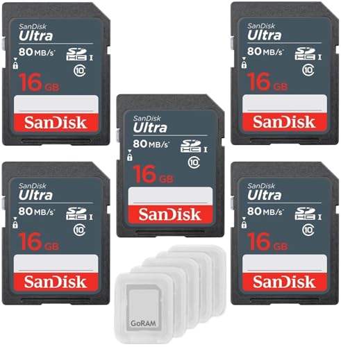 SanDisk 16GB Ultra SDHC UHS-I Class 10 Memory Card 80MB/s U1, Full HD, SD Camera Card SDSDUNS-016G-GN3IN (5 Pack) Bundle with (5) GoRAM Plastic Cases
