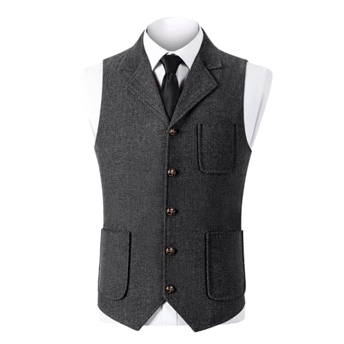 Men's Tweed Suit Vest Vintage Herringbone Button Down Blazer Dressy Casual Wool Blend V Neck Waistcoat for Groomsman
